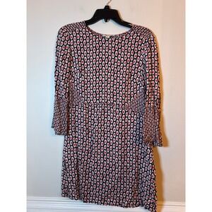 Boden Shift Dress Womens 8 Red Navy Leaf Print Long Sleeve retro